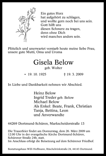 Traueranzeige von Gisela Below von Tageszeitung