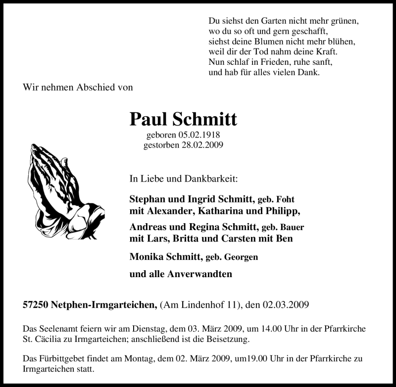  Traueranzeige für Paul Schmitt vom 02.03.2009 aus Tageszeitung