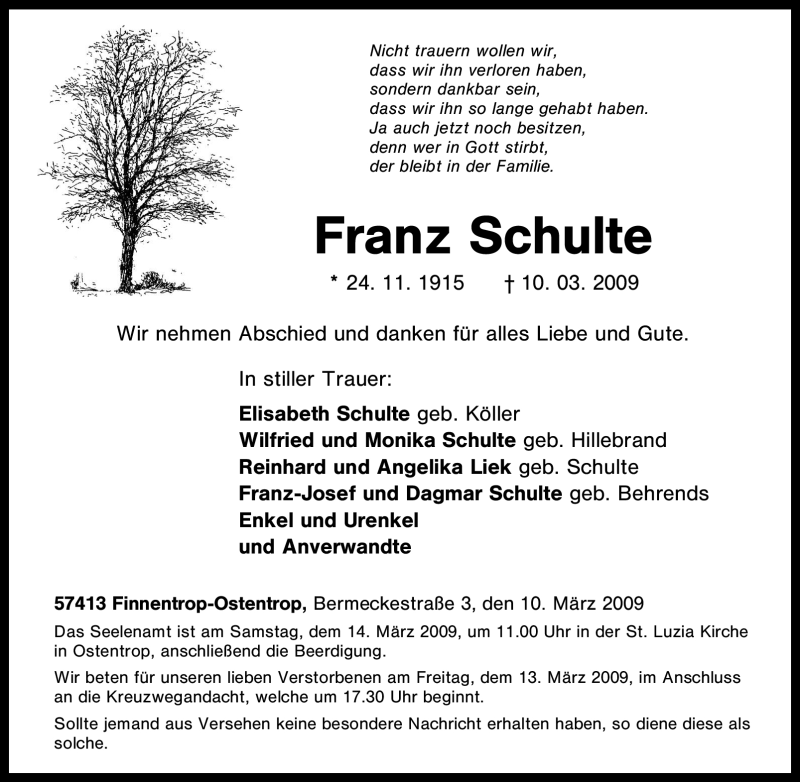  Traueranzeige für Franz Schulte vom 11.03.2009 aus Tageszeitung