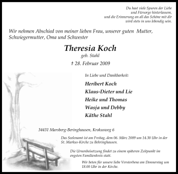 Traueranzeige von Theresia Koch von Tageszeitung