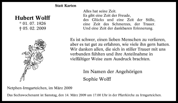 Traueranzeige von Hubert Wolff von Tageszeitung