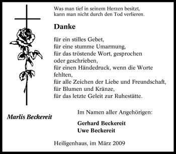Traueranzeige von Marlis Beckereit von Tageszeitung