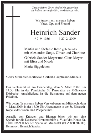 Traueranzeige von Heinrich Sander von Tageszeitung