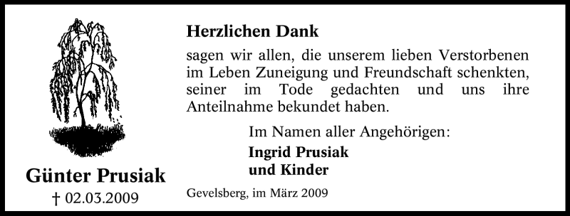  Traueranzeige für Günter Prusiak vom 28.03.2009 aus Tageszeitung