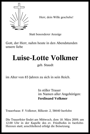 Traueranzeige von Luise-Lotte Volkmer von Tageszeitung