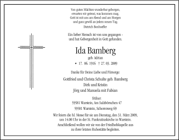 Traueranzeige von Ida Bamberg von Tageszeitung