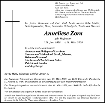 Traueranzeige von Anneliese Zora von Tageszeitung