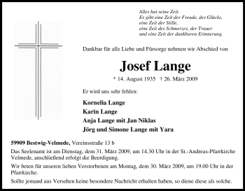Traueranzeige von Josef Lange von Tageszeitung