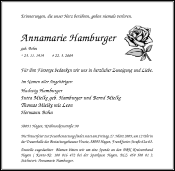 Traueranzeige von Annamarie Hamburger von Tageszeitung