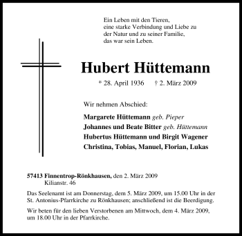 Traueranzeige von Hubert Hüttemann von Tageszeitung