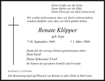 Traueranzeige von Renate Klöpper von Tageszeitung