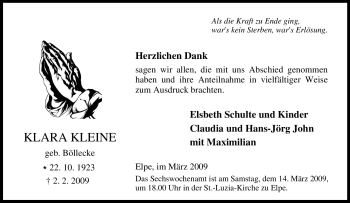 Traueranzeige von Klara Kleine von Tageszeitung