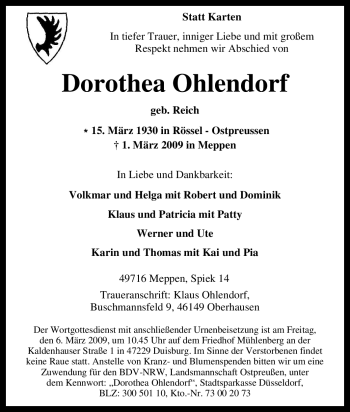 Traueranzeige von Dorothea Ohlendorf von Tageszeitung
