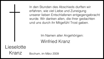 Traueranzeige von Lieselotte Kranz von Tageszeitung