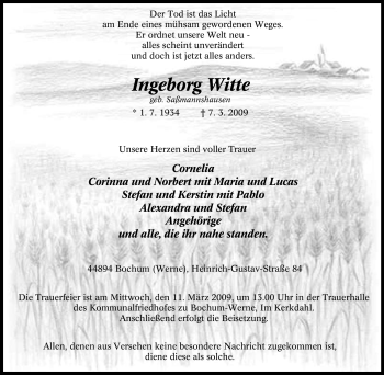 Traueranzeige von Ingeborg Witte von Tageszeitung