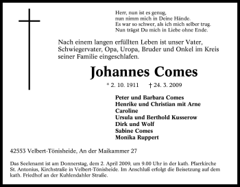 Traueranzeige von Johannes Comes von Tageszeitung