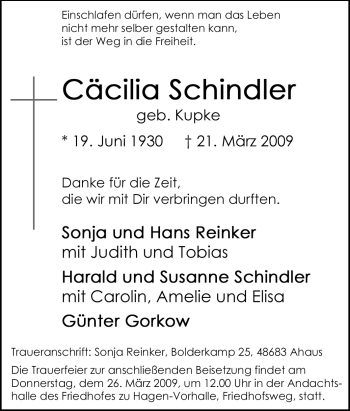 Traueranzeige von Cäcilia Schindler von Tageszeitung
