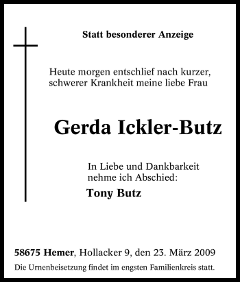 Traueranzeige von Gerda Ickler-Butz von Tageszeitung