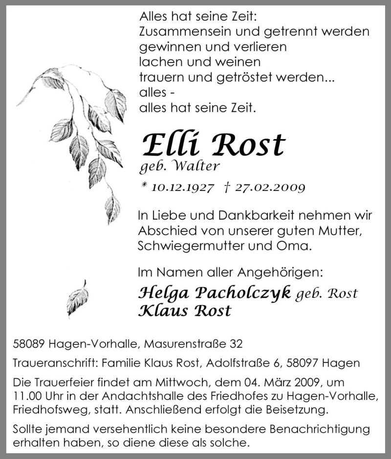  Traueranzeige für Elli Rost vom 02.03.2009 aus Tageszeitung