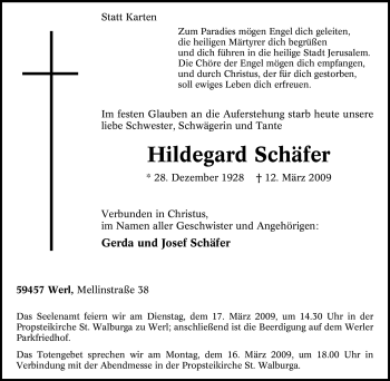 Traueranzeige von Hildegard Schäfer von Tageszeitung