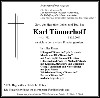 Traueranzeige von Karl Tünnerhoff von Tageszeitung