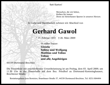 Traueranzeige von Gerhard Gawol von Tageszeitung