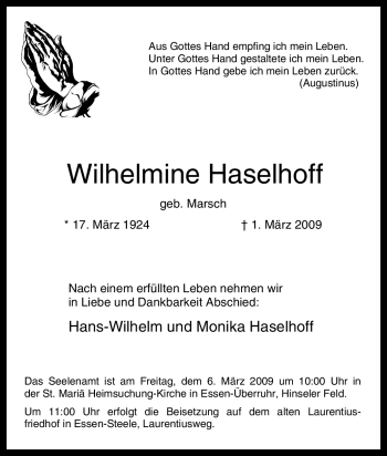 Traueranzeige von Wilhelmine Haselhoff von Tageszeitung