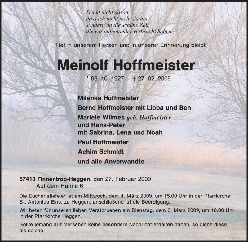  Traueranzeige für Meinolf Hoffmeister vom 02.03.2009 aus Tageszeitung