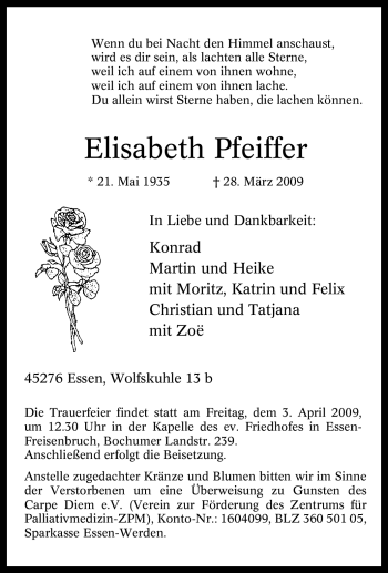Traueranzeige von Elisabeth Pfeiffer von Tageszeitung
