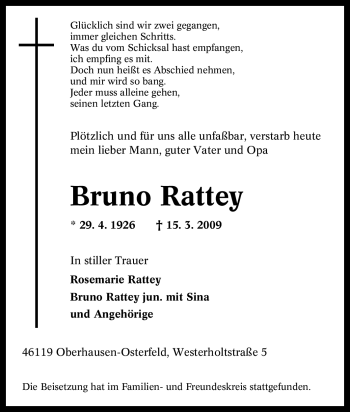 Traueranzeige von Bruno Rattey von Tageszeitung