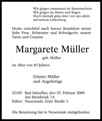 Traueranzeige von Margarete Müller von Tageszeitung
