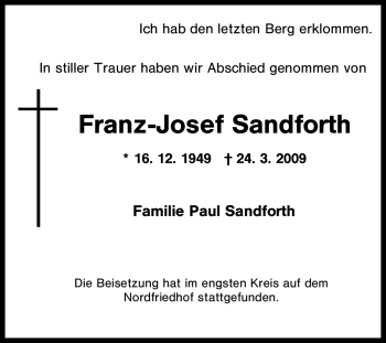 Traueranzeige von Franz-Josef Sandforth von Tageszeitung