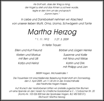 Traueranzeige von Martha Herzog von Tageszeitung
