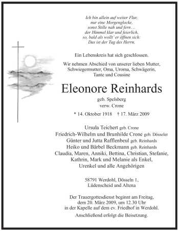 Traueranzeige von Eleonore Reinhards von Tageszeitung