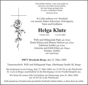 Traueranzeige von Helga Klute von Tageszeitung