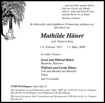 Traueranzeige von Mathilde Häner von Tageszeitung