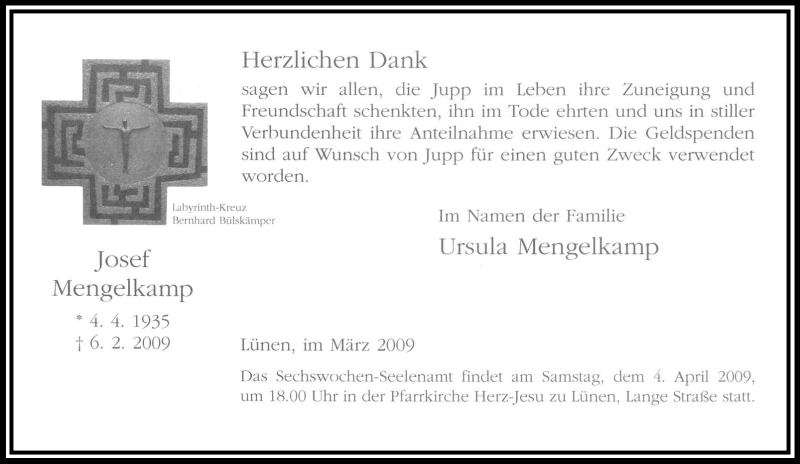  Traueranzeige für Josef Mengelkamp vom 26.03.2009 aus Tageszeitung