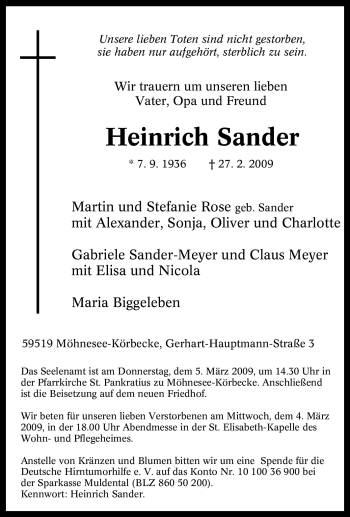 Traueranzeige von Heinrich Sander von Tageszeitung