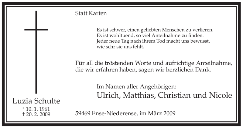  Traueranzeige für Luzia Schulte vom 28.03.2009 aus Tageszeitung