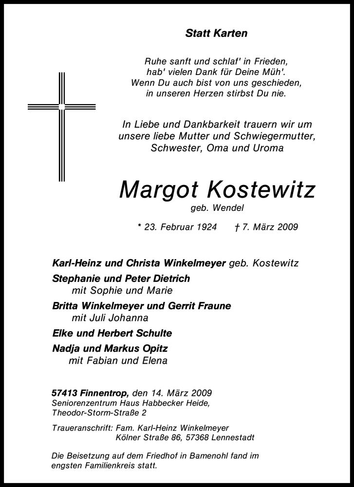  Traueranzeige für Margot Kostewitz vom 14.03.2009 aus Tageszeitung