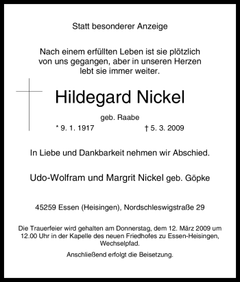 Traueranzeige von Hildegard Nickel von Tageszeitung