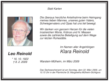 Traueranzeige von Leo Reinold von Tageszeitung