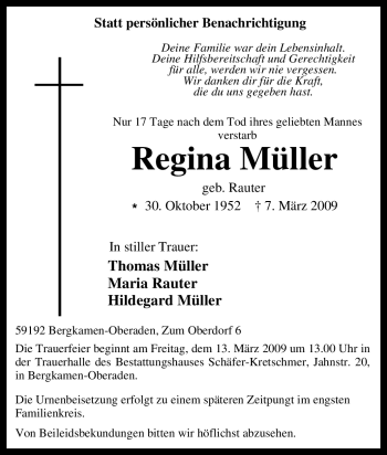 Traueranzeige von Regina Müller von Tageszeitung