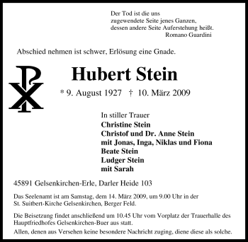 Traueranzeige von Hubert Stein von Tageszeitung