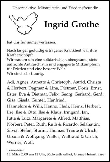 Traueranzeige von Ingrid Grothe von Tageszeitung