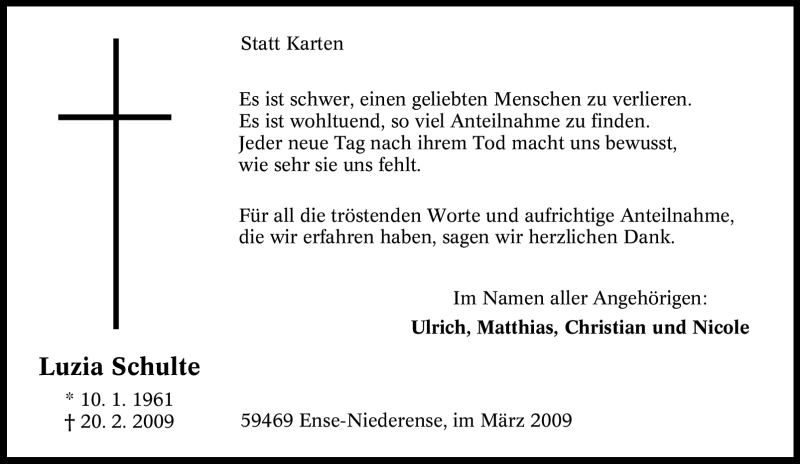  Traueranzeige für Luzia Schulte vom 28.03.2009 aus Tageszeitung