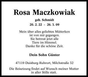 Traueranzeige von Rosa Maczkowiak von Tageszeitung
