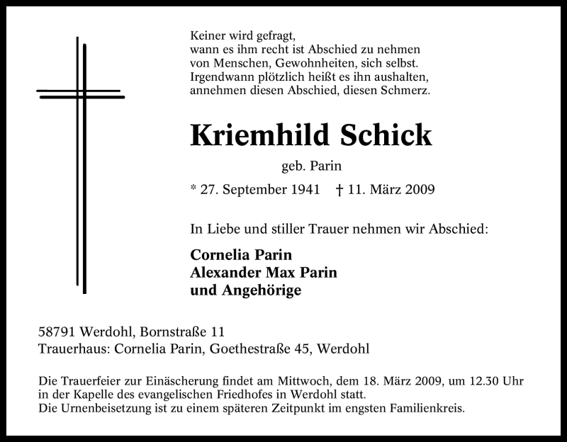  Traueranzeige für Kriemhild Schick vom 13.03.2009 aus Tageszeitung