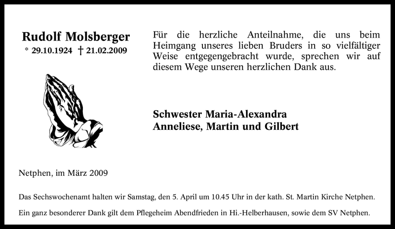  Traueranzeige für Rudolf Molsberger vom 14.03.2009 aus Tageszeitung