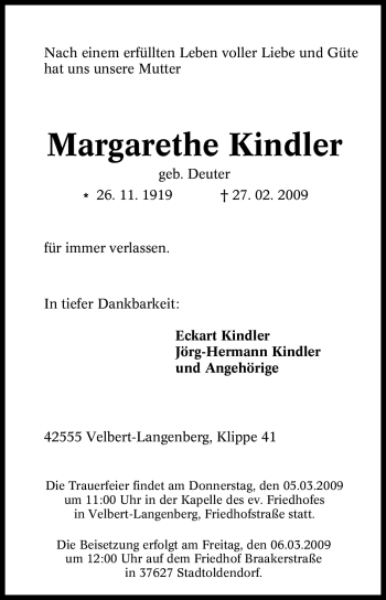 Traueranzeige von Margarethe Kindler von Tageszeitung